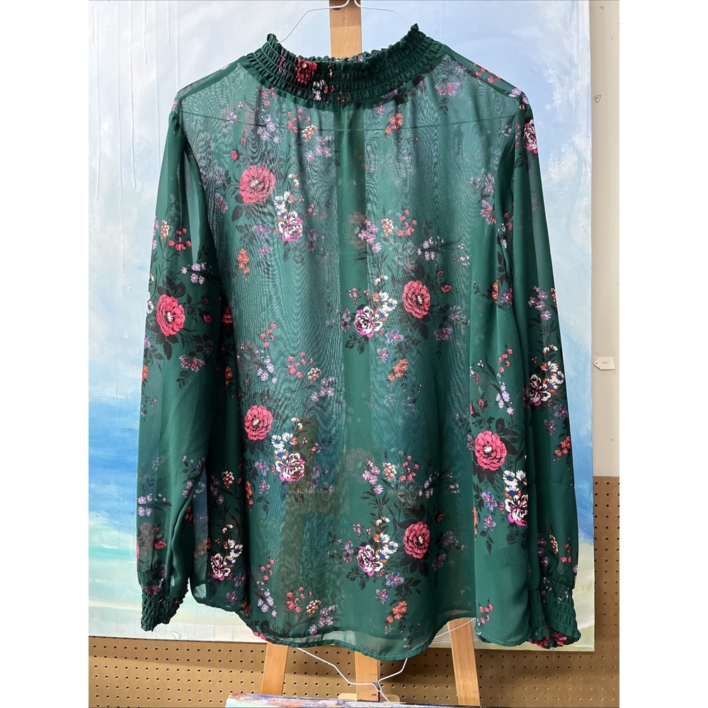 Torrid Size 2 Forest Green Floral Smocked Neck Sheer Top